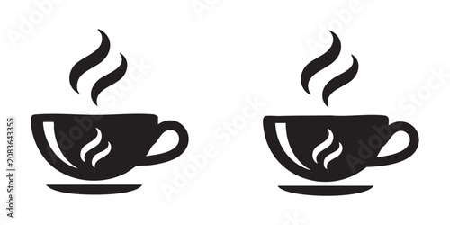 Bild auf Leinwand Two detailed black outline coffee cups with steam and saucer on transparent background