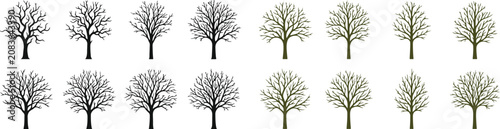 Foto Collection of bare and leafless tree silhouettes in black and green