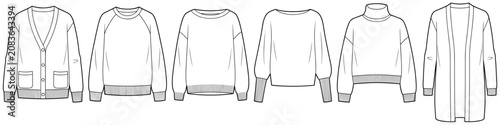 flat sketch set of womens cardigan sweater and knitwear technical cad drawing vector template transparent background