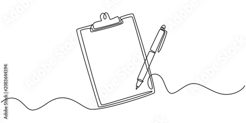 Clipboard with checklist and pen in one continuous line drawing. To do list with ticks and concept for test expertise and exam in simple linear style. Editable stroke. Doodle vector illustration, Pen.