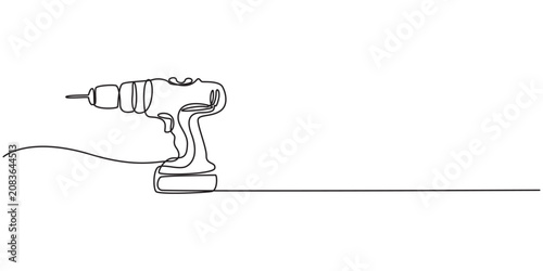 Continuous Line Drawing of Cordless Drill Icon. Hand Drawn Symbol Vector Illustration, drill tool object work industry one line art design, Screwdriver, drill, construction tool, tighten screws, make.