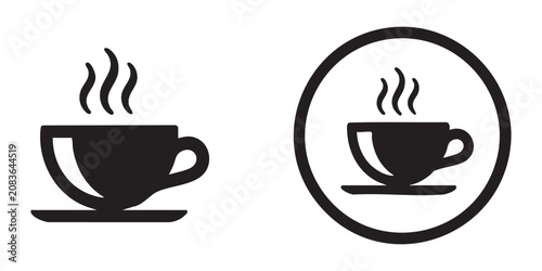 Fotografie Steaming hot coffee cup icon in standard and circular border versions for signage and menu design