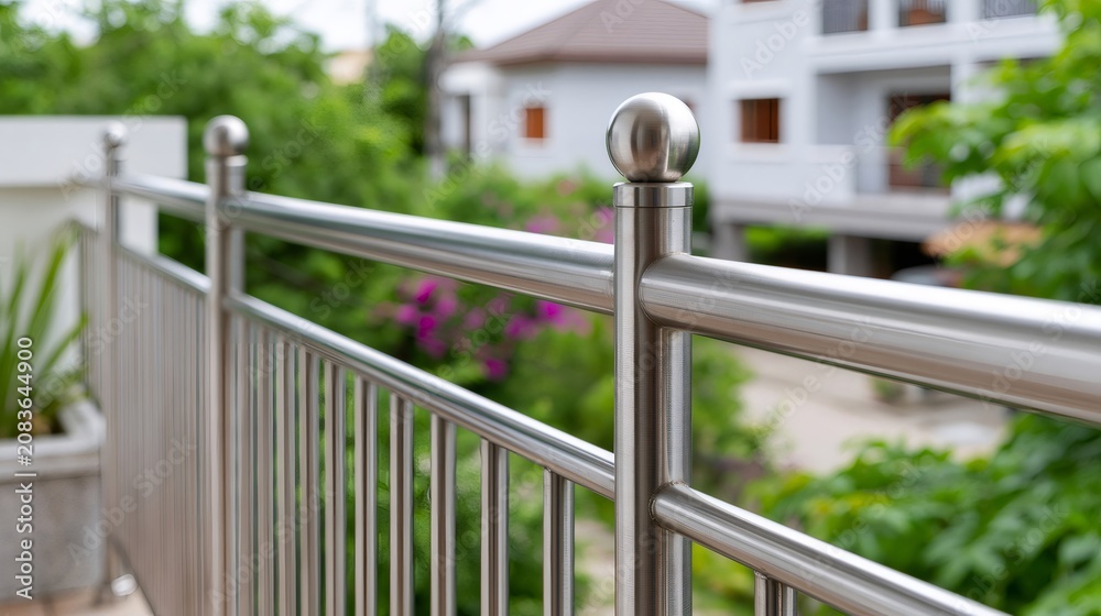 Fototapeta premium Stainless steel railing detail on modern home balcony
