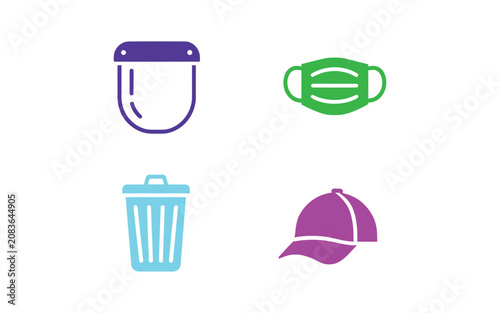 Selection of colorful icons representing clear face visor safety mask waste bin container and casual peaked baseball cap hat.