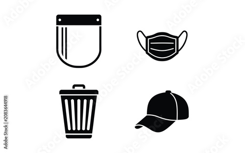 Set of solid black icons showing safety face shield protective medical mask trash bin container and casual baseball sports cap.