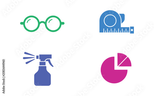 Set of cleaning and measuring tools including colorful glasses spray bottle tape measure and pie chart icons on checkered background.