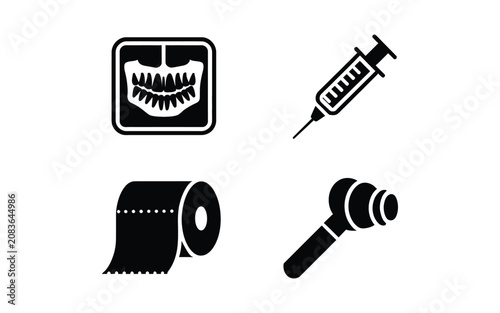 Collection of black medical and hygiene icons featuring dental xray syringe toilet paper roll and otoscope on checkered backdrop.