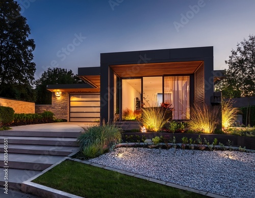 modern house exterior beautiful landscape design outdoor lighting creating inviting ambiance evening scene architectural photography high end property visualization