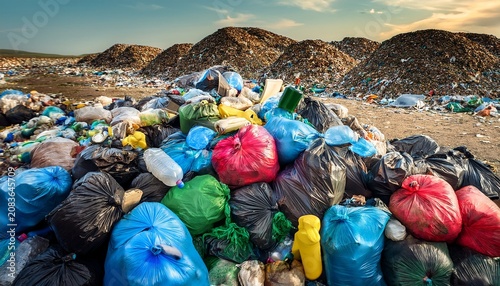 a large chaotic pile of assorted colored trash bags filled with waste including visible plastic bottles cardboard and organic refuse garbage pollution disposal landfill rubbish