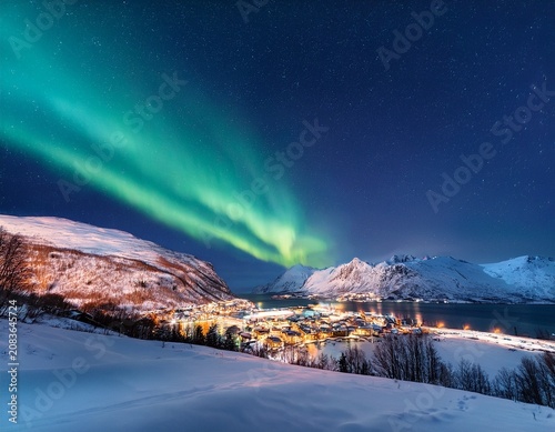 northern lights above snow covered mountains and the town of narvik in norway