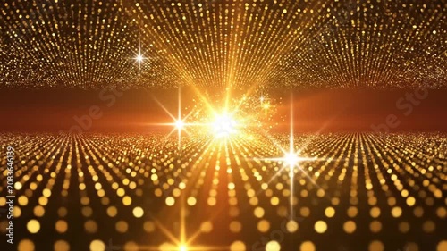 Abstract golden light stage with glowing particles and starbursts
