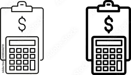 Financial audit clipboard and calculator icon set in line art and filled styles with accounting calculator clipboard business financial