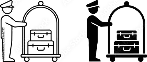 Photos Hotel porter pushing a luggage cart with suitcases icon symbolizing travel assis