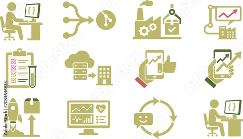 Software Development and Industrial Automation Vector Icon Set for Tech Startups, Manufacturing Systems & Digital Transformation Projects (EPS)