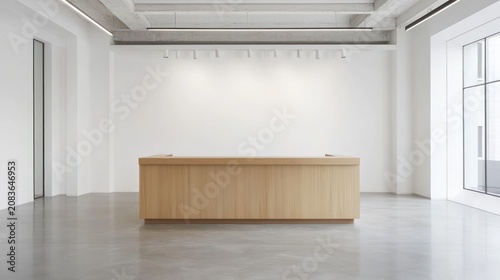 Modern office reception desk, minimalist interior, large window, concrete floor, business