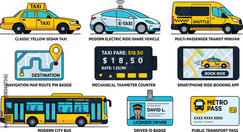 Fotografía Taxi Service and Public Transportation Vector Icon Set with Yellow Cab City Bus