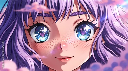 Anime girl with purple hair and blue starry eyes
