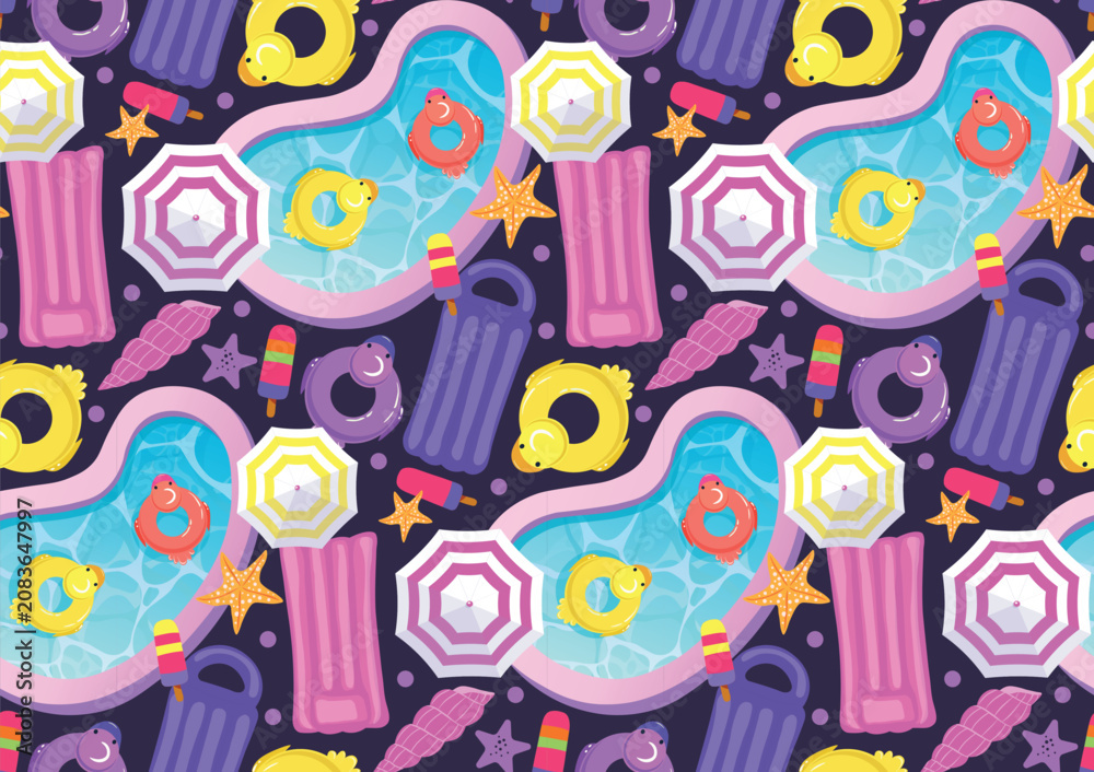 Fototapeta premium Seamless Summer Pool Pattern with Duck Inflatable Floats and Beach Accessories
