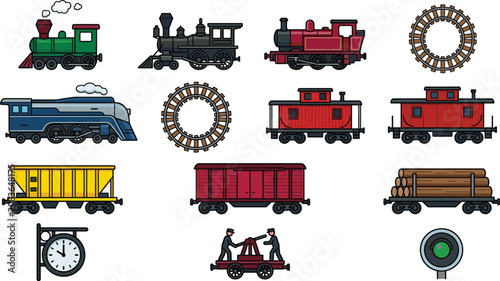 Vintage Steam Train and Railway Icon Set Featuring Locomotive Engines Tracks Caboose Cargo Wagons and Railroad Equipment Vector Flat Illustration Sheet