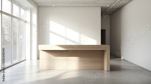 Minimalist office reception desk illuminated by natural light in an open workspace