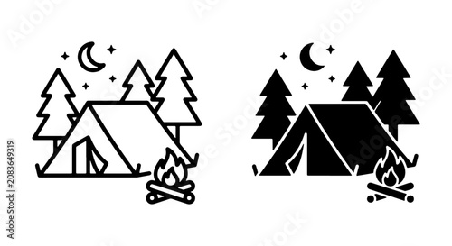 Quadro su tela Camping Tent Icon Set, Night Forest Scene, Campfire and Stars, Outdoor Adventure