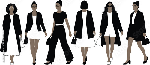 Six diverse businesswomen walking in stylish outfits isolated on transparent background