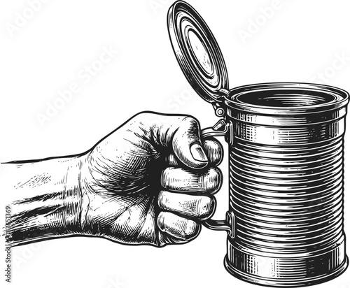 A hand holding an open tin can isolated on transparent background