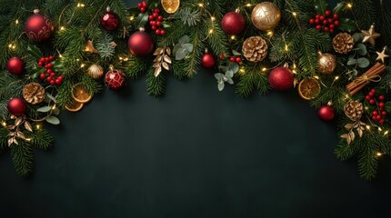 Festive Christmas garland with ornaments, pinecones, and fairy lights