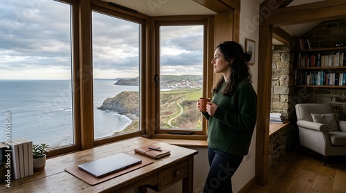 Professional commercial image of Writer gazing out window showing nice detail excellent modern