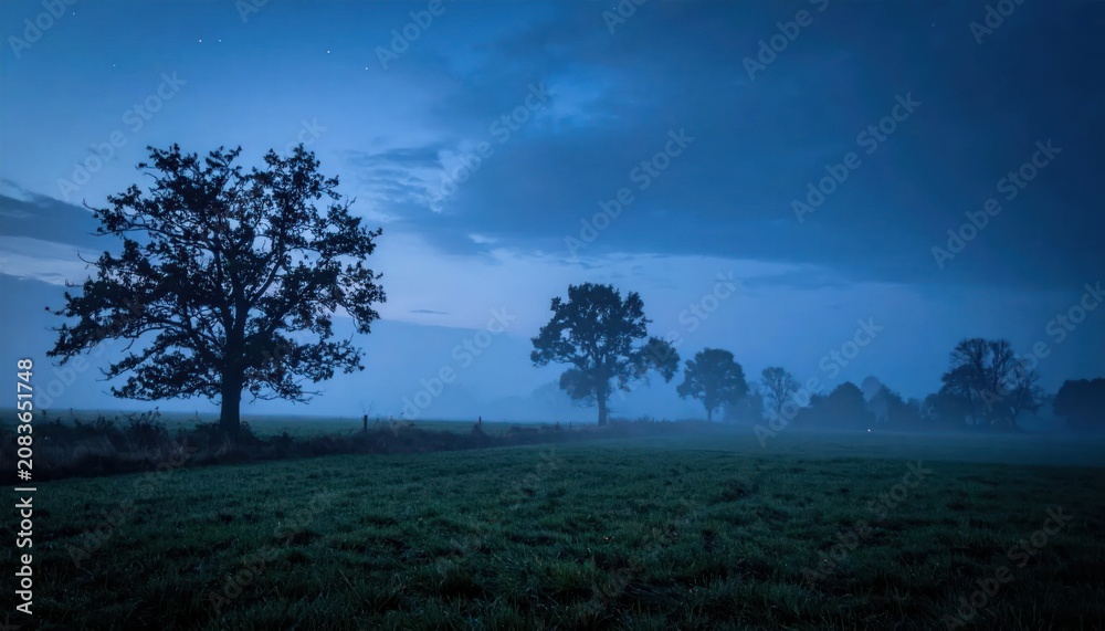 Fototapeta premium Misty Morning Landscape with Silhouetted Trees in Blue Hues.