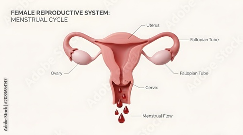 Female reproductive system with uterus ovaries fallopian tubes cervix menstrual flow diagram.