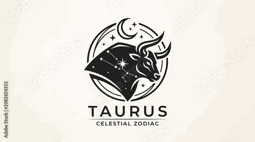 Taurus Zodiac Sign Illustration with Celestial Elements.