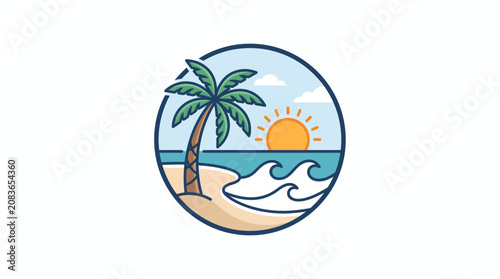 Tropical Beach Scene with Palm Trees and Sunset.