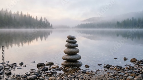 Schilderij op canvas Stacked stones on a rocky lake shore