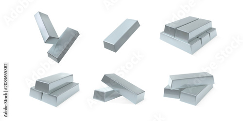 Realistic 3D platinum or silver bar vector icons set, white gold ingot, bullion, banking business, currency investment