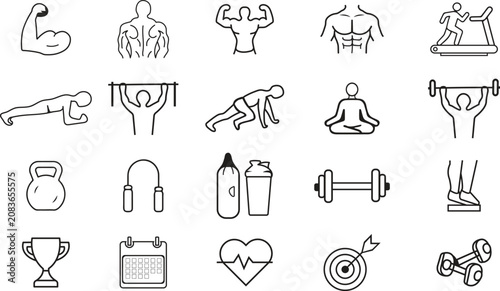 Fitness gym line icon vector design set, bodybuilding, six pack, muscle, gym icon set, workout icons.