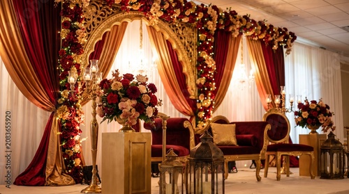 Bild auf Leinwand Luxurious wedding stage with purple and gold decorations