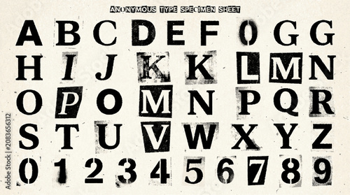 Anonymous ransom note letter font sheet with grunge stencil typography