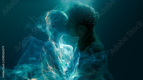 A couple embracing underwater while one lover transforms into liquid light and flowing currents
