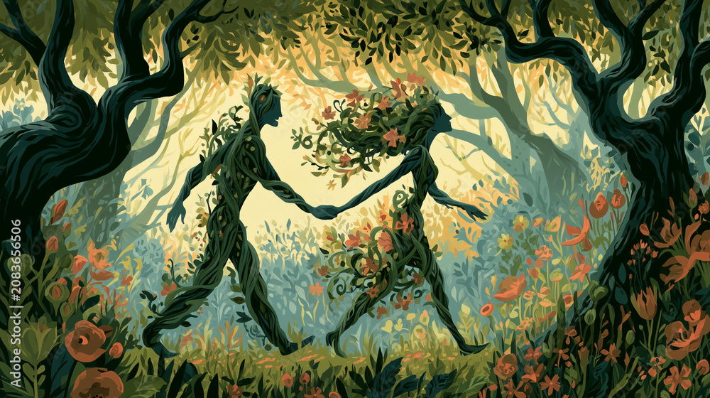 Naklejka premium A loving couple walking through a forest, one partner formed from twisting vines and flowers