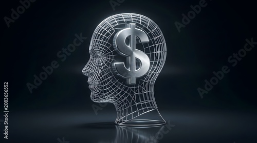 Wireframe human head profile with prominent dollar sign representing financial thoughts.