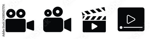 Fotografia Cinematic Icons Collection: A graphic set featuring iconic symbols of filmmaking, including vintage cameras, a clapperboard, and a play button, representing the art and industry of cinema