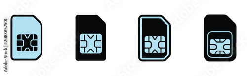 Fotografie SIM Card Variety: Four different SIM cards, showcasing a range of designs and colors, are presented in a clean, organized display, highlighting the evolution and variations of mobile technology