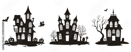 Foto Black silhouette of haunted houses with bats and pumpkins