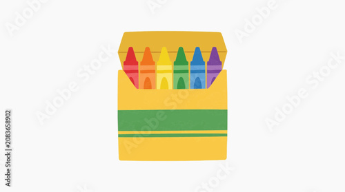 A box of rainbow colored crayons with a green stripe on a white background
