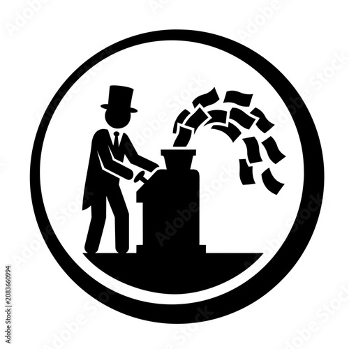 Cuadro en lienzo Man in top hat operating money-making machine with cash flow