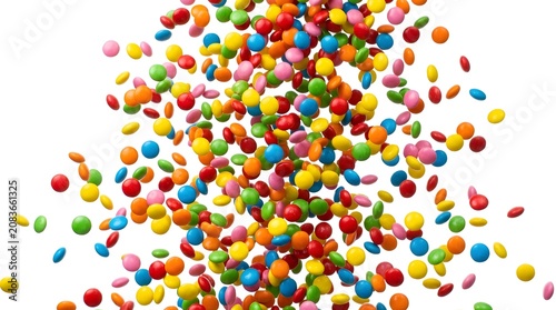 Colorful jelly beans scattered on white background