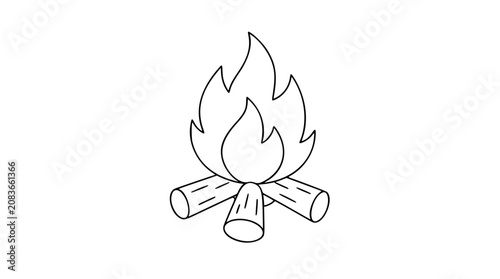 Minimalist bonfire vector icon or illustration showing three logs and layered flames in clean outline style, useful for campsite signs, scout activities, hiking labels, outdoor event graphics