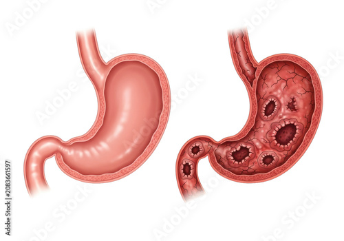 highly detailed medical diagram of two human stomach cross-sections, healthy mucosa versus severe ulcerative gastritis with peptic ulcers on a stark white background. concept of digestive health and