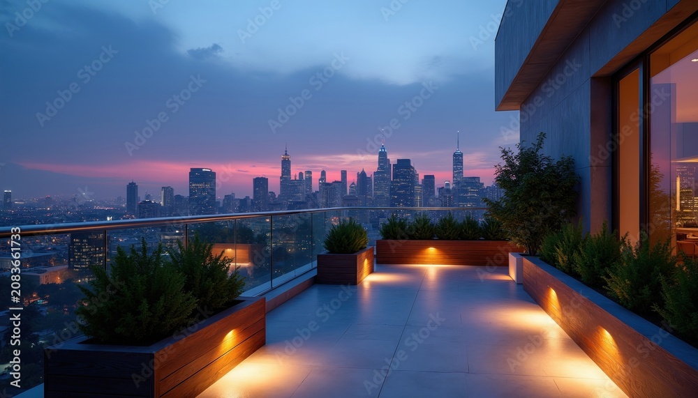 Fototapeta premium Modern rooftop terrace overlooks city skyline at twilight with ambient lighting and manicured plants. Elevated view of metropolitan area at dusk offers urban elegance and peaceful relaxation.